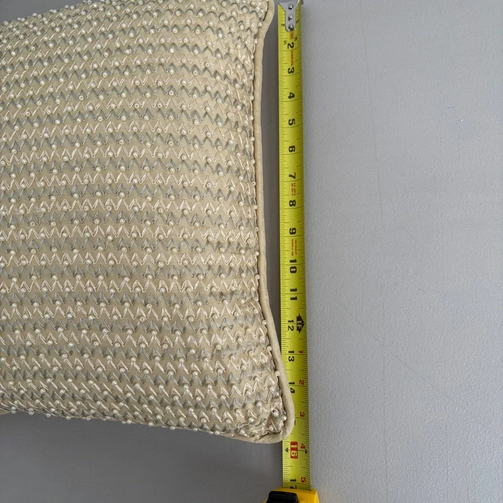 Gold Beaded Chevron Silk Throw Pillow Faux Pearl‎ Embroidered Square Accent 16in